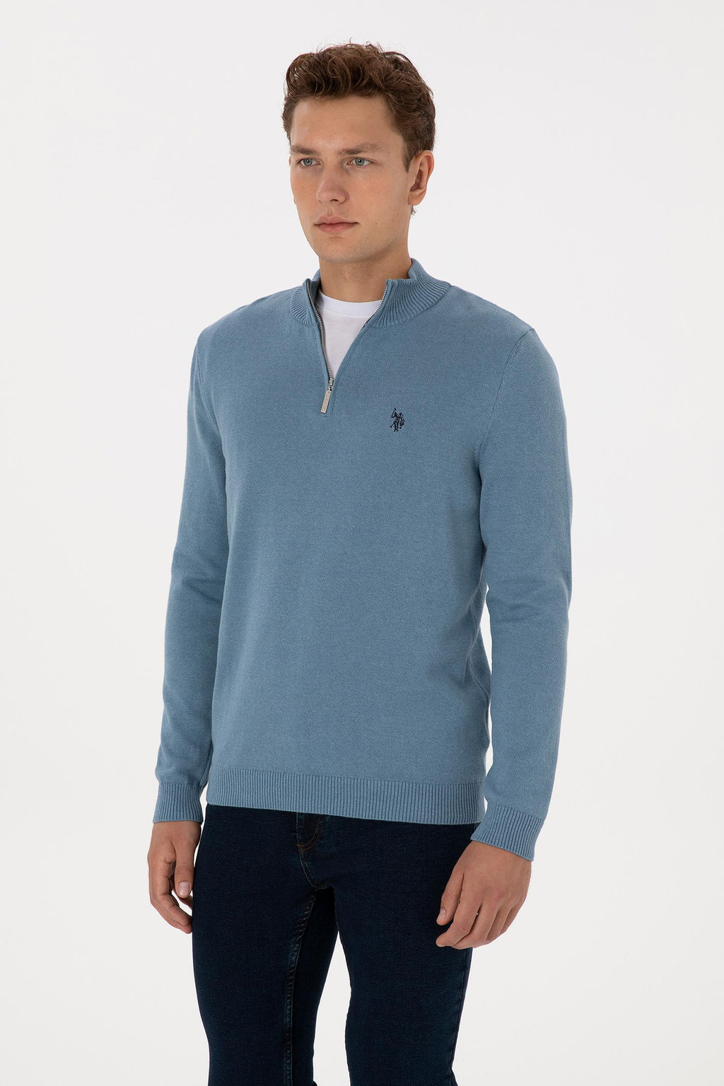 Erkek Slim Fit Yar_m Fermuarl_ Mavi Basic Kazak - U.s. polo assn фото 3