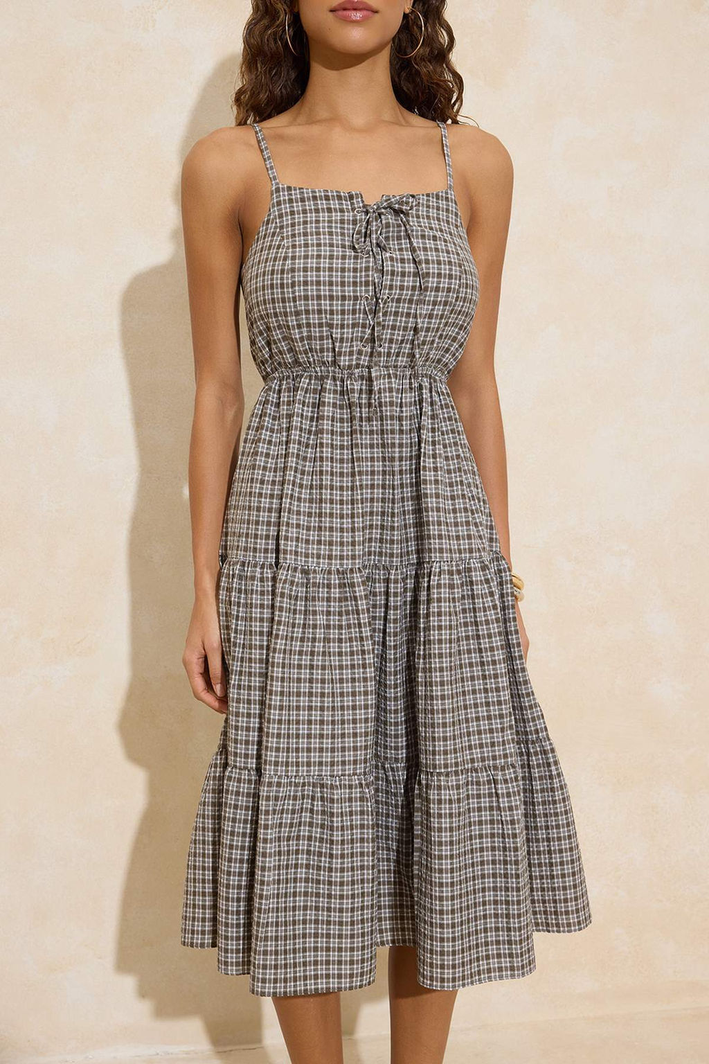 Haki Ekose/Kareli Baglama Detayl? Midi Dokuma Elbise TWOSS26EL00061