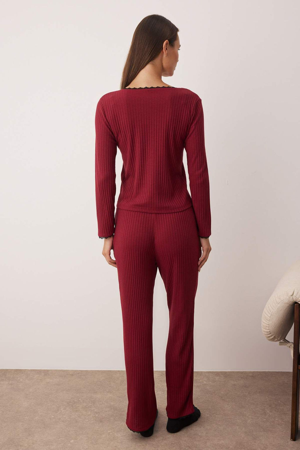 Trendyolmilla Bebe Mavisi Dantelli ve Kurdele/Fiyonk Detayl? Fitilli Orme Pijama Tak?m? THMAW25PT00044  фото 9