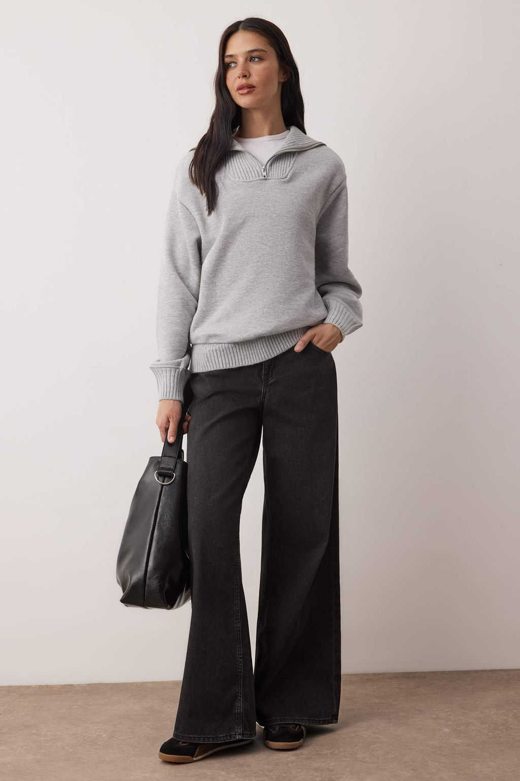 Gri Triko Garnili Duz Relaxed/Rahat Kal?p Orme Sweatshirt TWOAW26SW00234