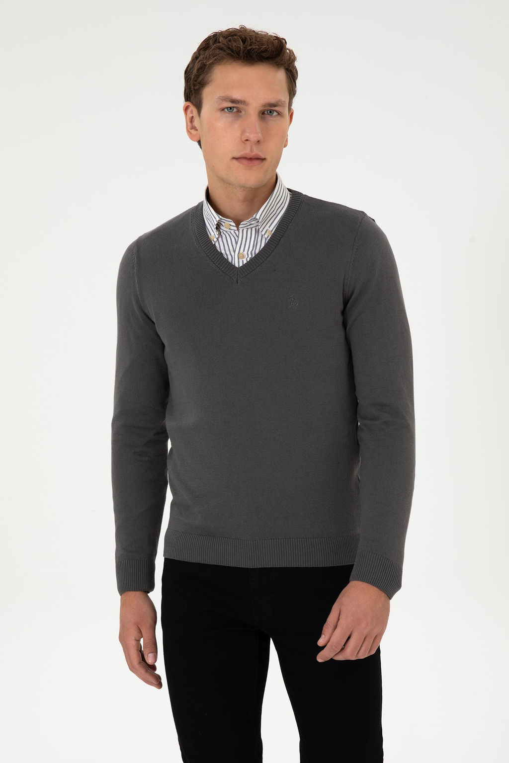 Erkek Slim Fit V Yaka Gri Basic Triko Kazak - U.s. polo assn фото 3
