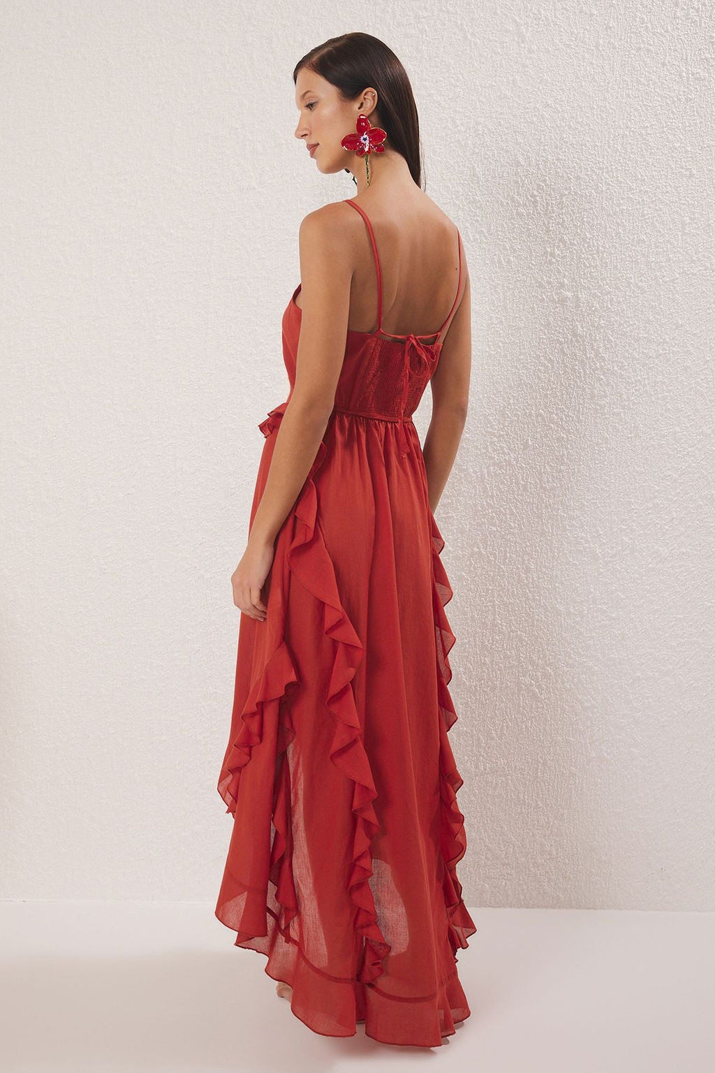 Trendyolmilla Kiremit Midi Dokuma Volanl? 100% Pamuk Plaj Elbise TBESS25EL00055  фото 4
