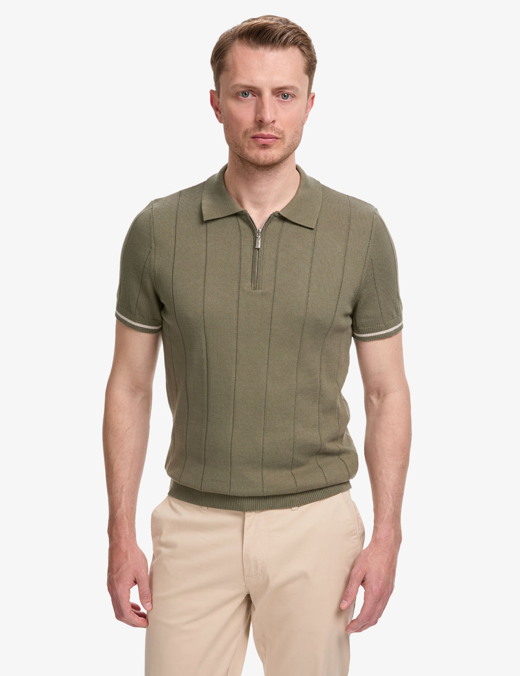 Haki Slim Fit %100 Pamuk Fermuarl_ Polo Yaka Triko Ti__rt