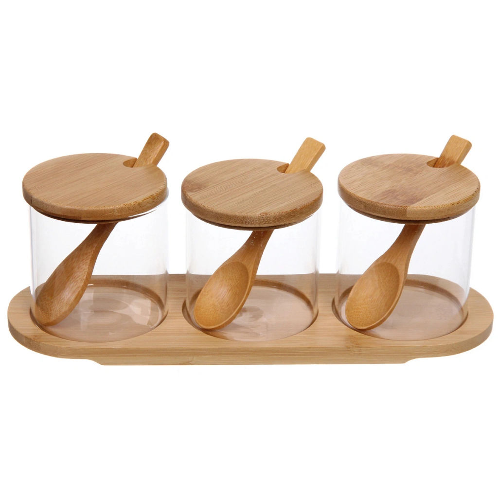 Банка стеклянная для специй 300мл "Хай-Тек" в наборе 3шт на бамбуковой подставке
