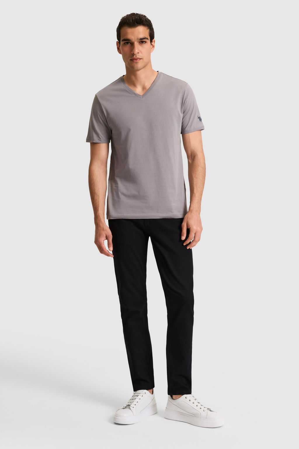 Erkek Regular Fit V Yaka Gri Basic Ti__rt