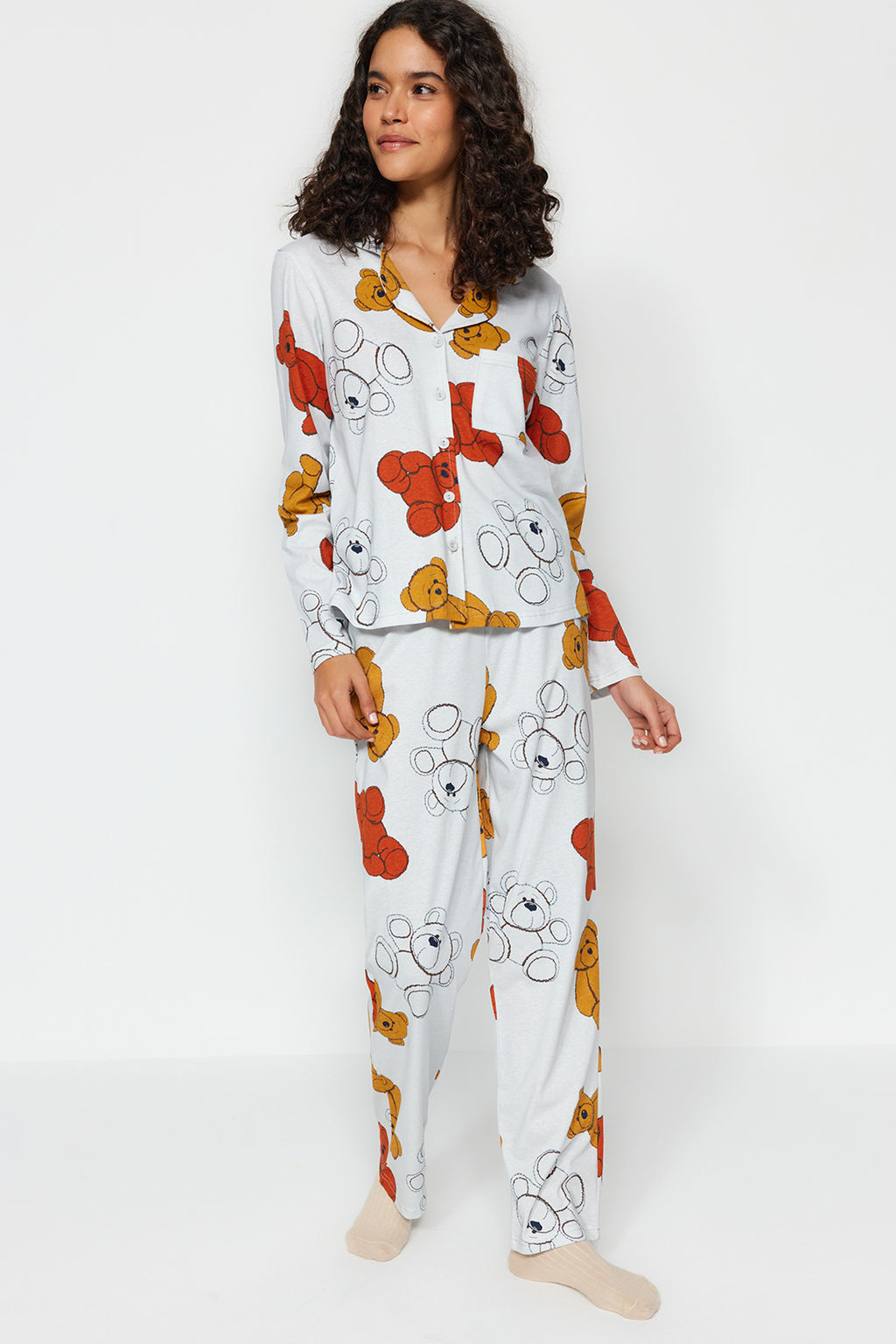 Trendyolmilla Ekru %100 Pamuklu Ay?c?kl? Gomlek-Pantolon Orme Pijama Tak?m? THMAW24PT00002  фото 38