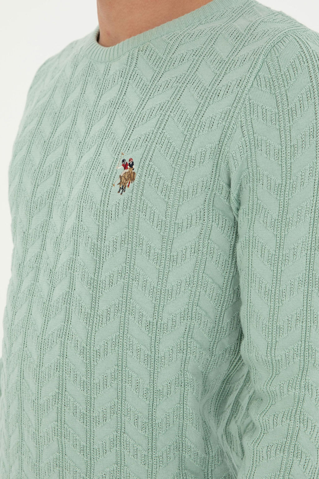 Erkek Slim Fit Bisiklet Yaka Su Ye_ili Basic Kazak