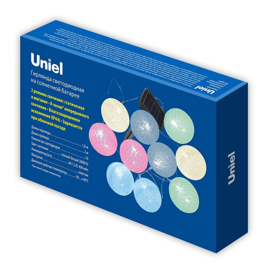 USL-S-139/PM2000 COTTON BALLS Садовая гирлянда на солнечной батарее Клубки. 10 светодиодов. Теплый белый свет. 1*АА Ni-Mh аккумулятор в/к. IP44. TM Uniel - Volpe фото 10