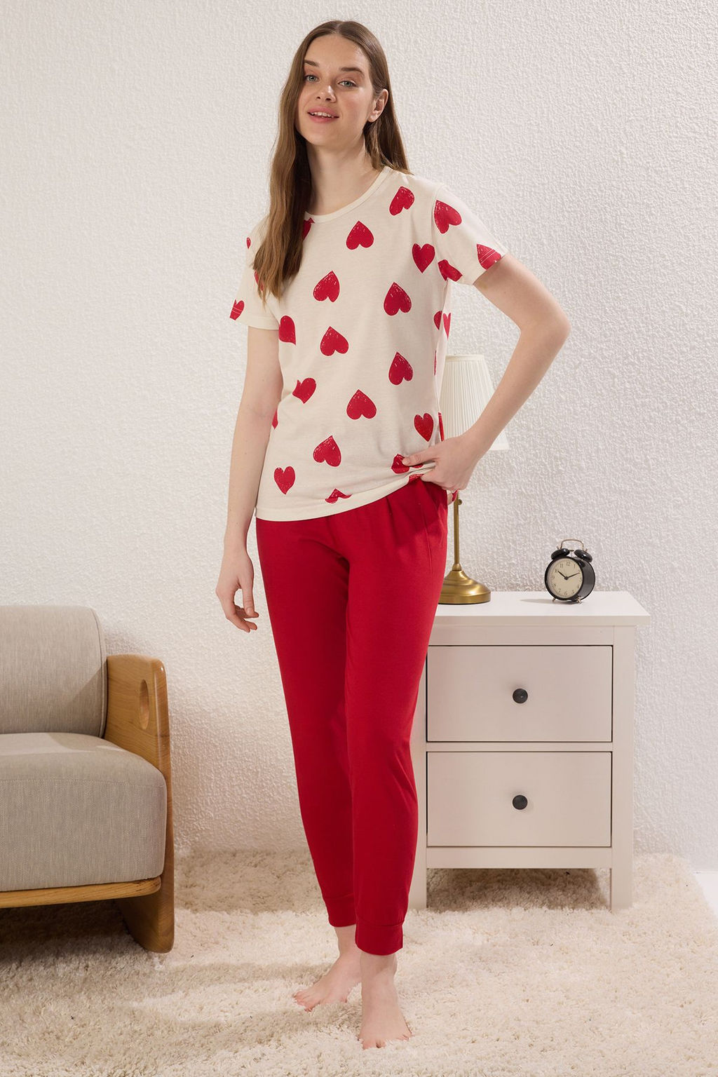 Trendyolmilla Kahverengi-Cok Renkli Pamuklu Kalpli Orme Pijama Tak?m? THMSS25PT00383  фото 5