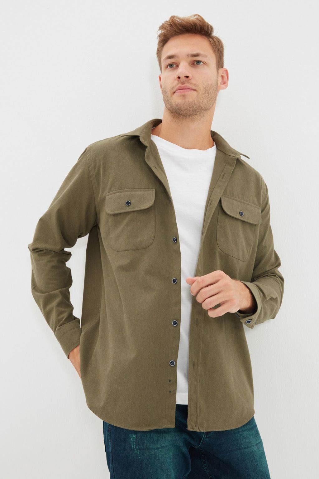 TRENDYOL MAN Haki Regular Fit Cift Cep Kapakl? Dokulu K?sl?k Ceket Gomlek TMNAW22GO0350 - Trendyolmilla фото 11