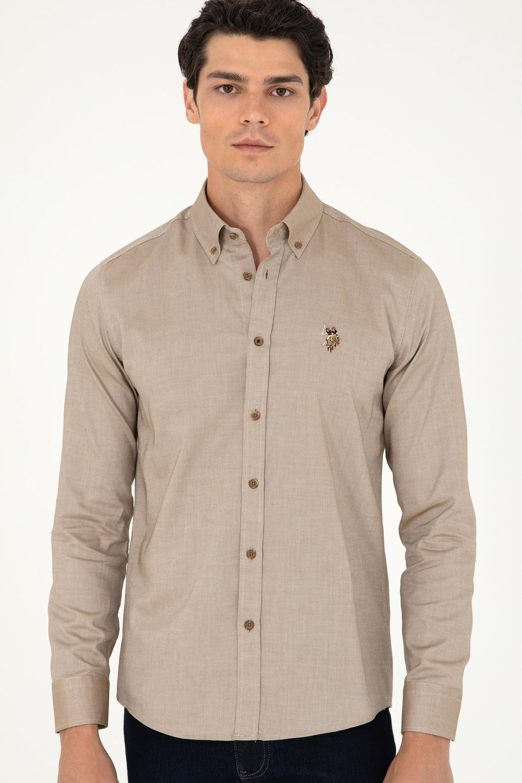 Мужская базовая рубашка цвета хаки с длинным рукавом - U.s. polo assn фото 3