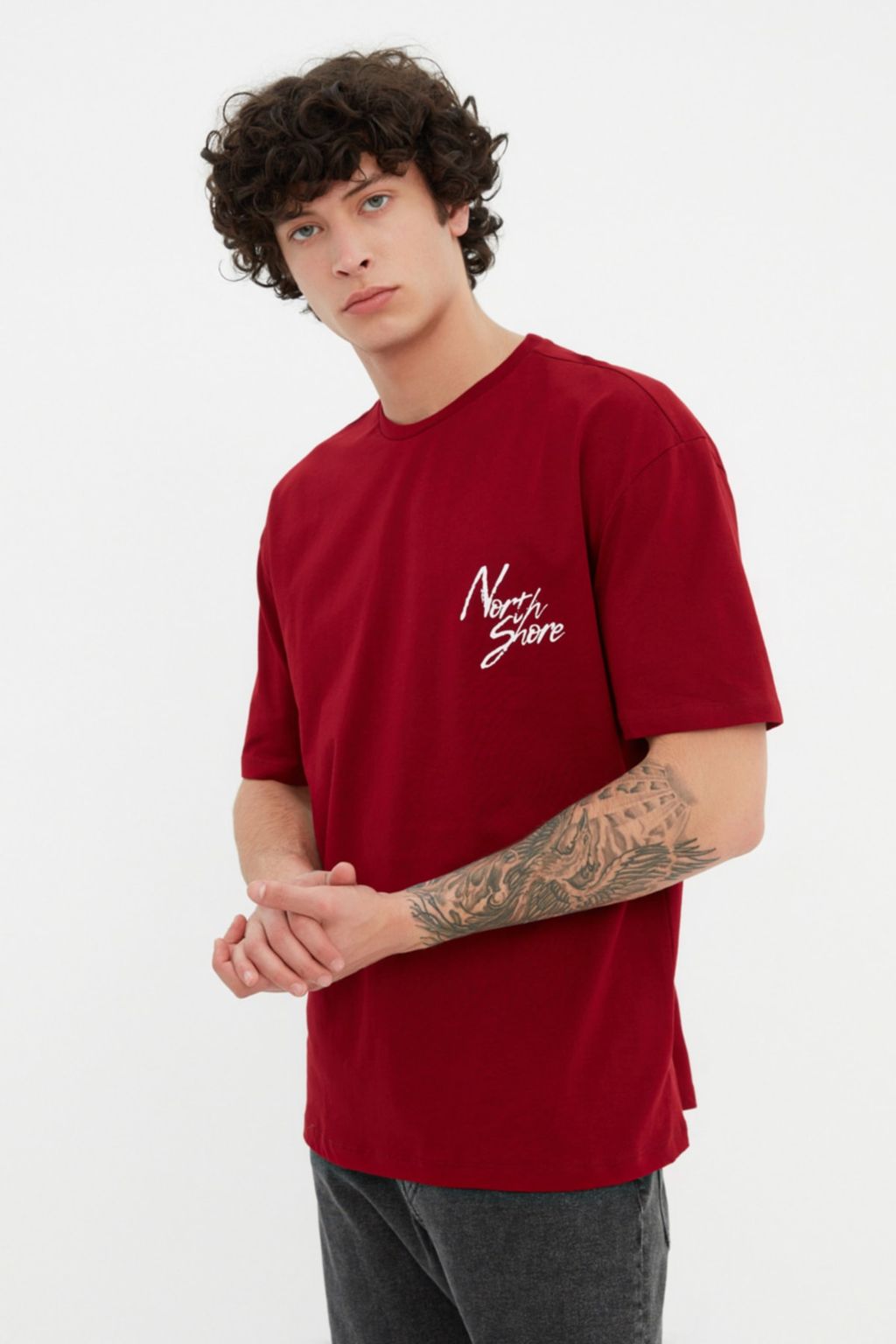 TRENDYOL MAN Bordo Oversize/Genis Kesim Bask?l? %100 Pamuklu T-Shirt TMNSS20TS1099 - Trendyolmilla фото 6