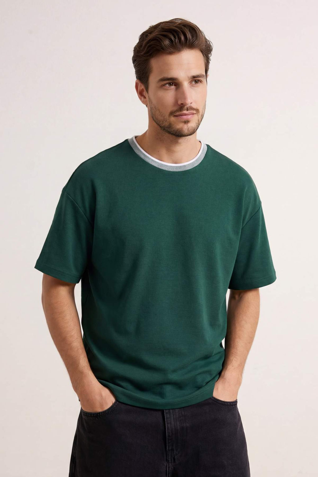 Haki Oversize/Genis Kesim Triko Bantl? Dokulu Pike T-Shirt TMNSS23TS00079