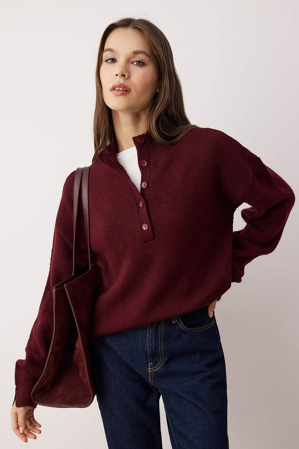 Bordo Wardrobe Essentials Yumusak Dokulu Genis Kal?p Triko Kazak TWOAW26KZ00074