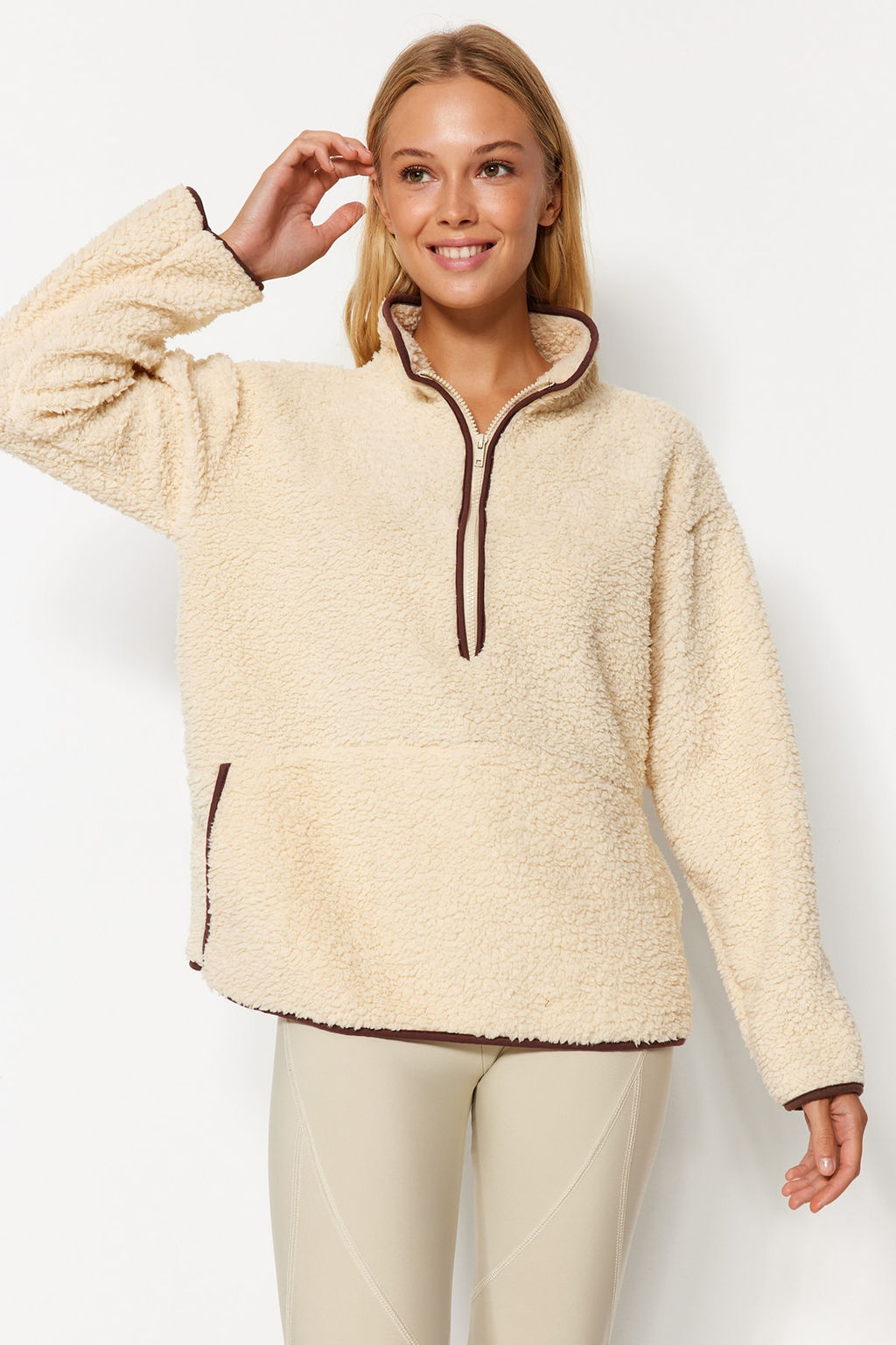 Ekru Pelus Orme Spor Sweatshirt THMAW23SW00021