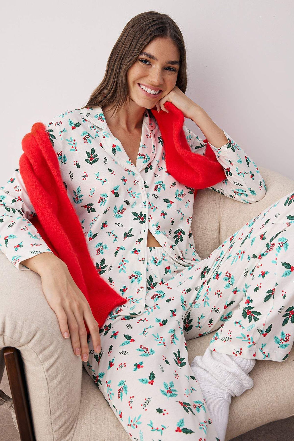 Ekru-Yesil %100 Pamuklu Cicekli Biyeli Orme Pijama Tak?m? THMAW26PT00058