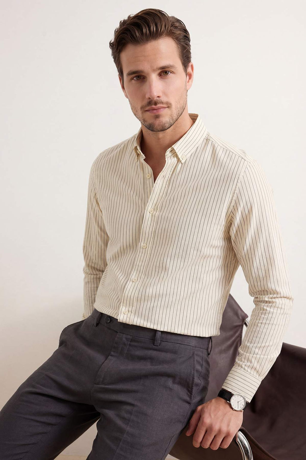 Ekru Slim Fit/Dar Kal?p Erkek Gomlek TMNSS26GO00015 - Trendyolmilla фото 5