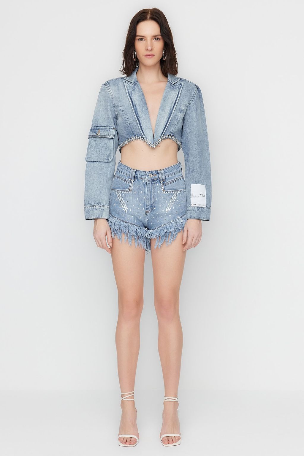 TRENDYOLMILLA X Sagaza Studio Mavi Tas Bask?l? Denim Sort TCLSS23SR00000  фото 4