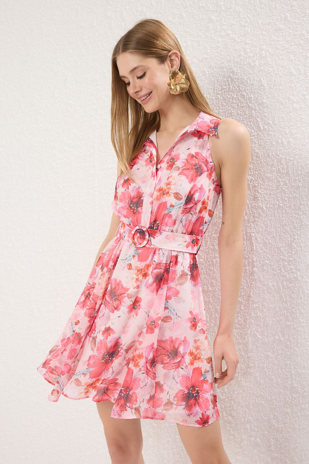 Trendyolmilla Pembe Kemerli Etegi Belden Ac?lan Cicekli Mini Dokuma Elbise TWOSS25EL00443