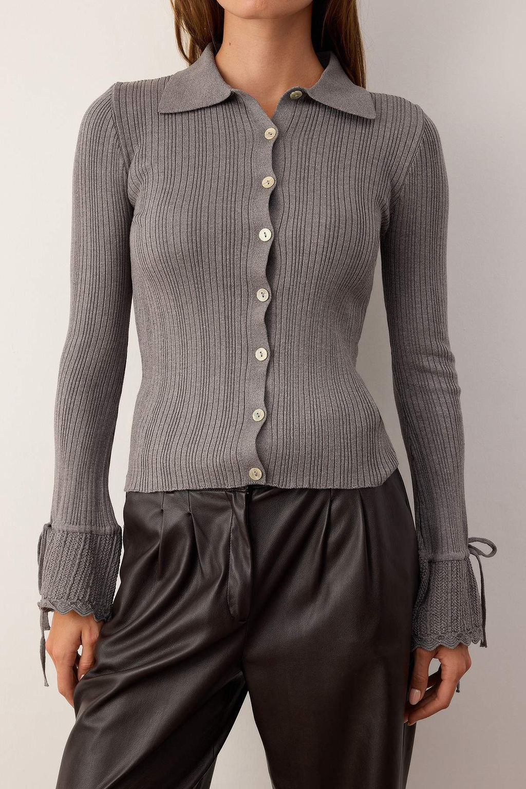 Gri Merserize Gorunumlu Fitilli Polo Yaka Triko H?rka TWOAW26HI00111