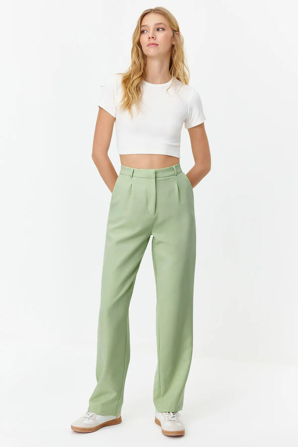 Mint Straight/Duz Kesim Pileli Dokuma Kumas Pantolon TWOSS21PL0155