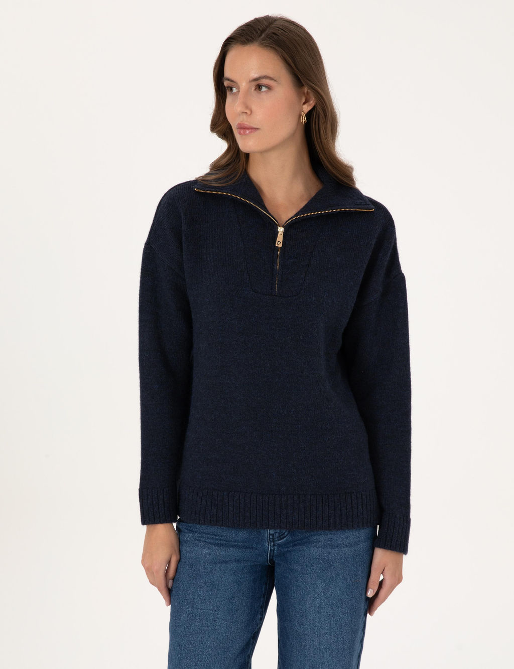 Lacivert Comfort Fit Fermuarl_ Dik Yaka Kazak