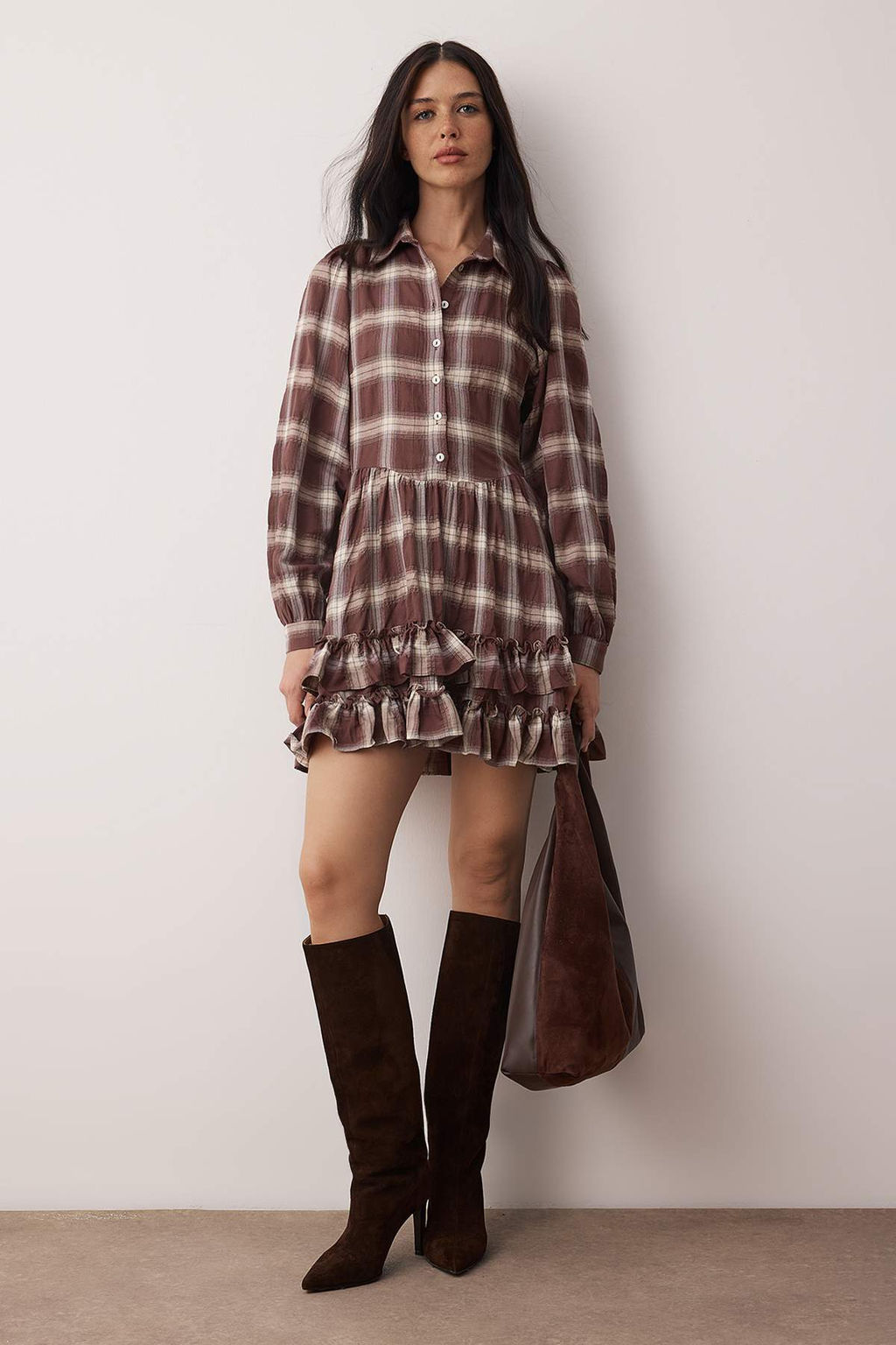 Kahverengi Ekose / Kareli F?rf?rl? K?sa / Mini Dokuma Elbise TWOAW26EL00353