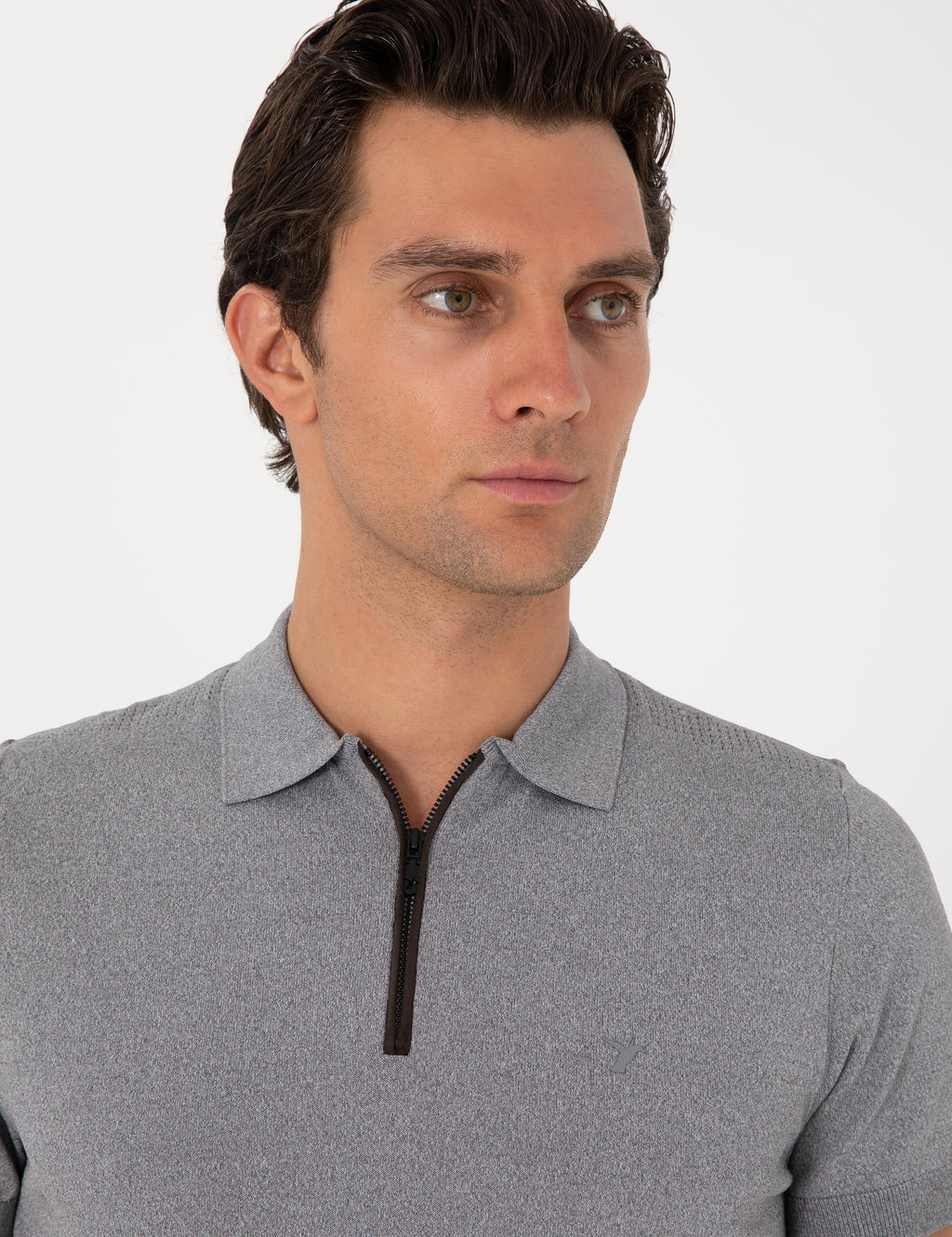 Gri Slim Fit Fermuarl_ Polo Yaka Triko T-shirt
