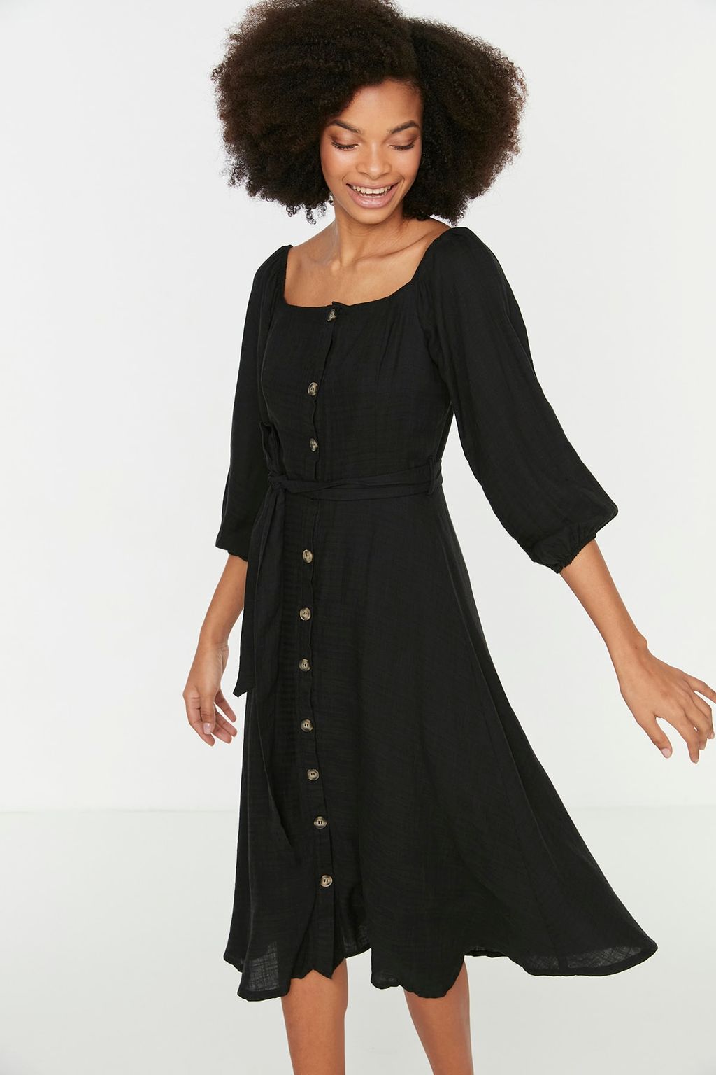 TRENDYOLMILLA Ekru Kusakl? Midi Dugmeli Kare Yaka Dokuma Keten Gorunumlu Elbise TWOSS19IE0009  фото 6