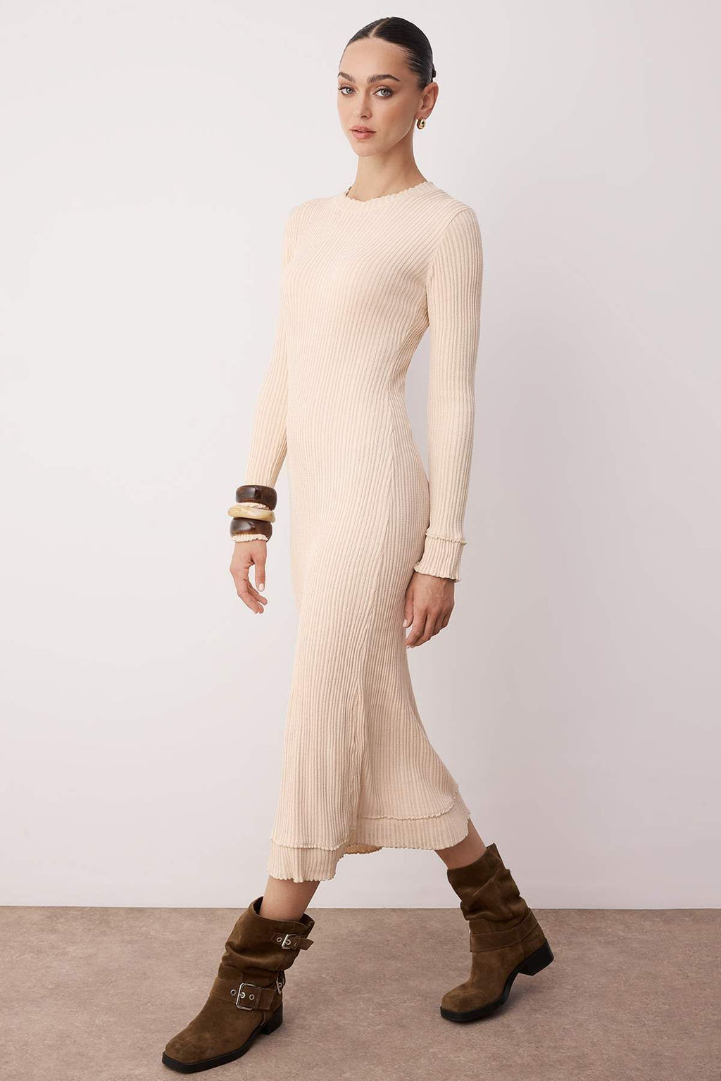 Pudra Merserize Gorunumlu Premium Iplik/Ozel Iplik Maxi Fitilli Dik Yaka Triko Elbise TWOAW26EL00001 - Trendyolmilla фото 2