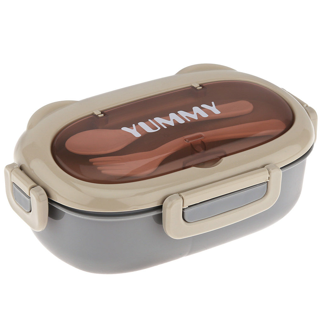 Ланч-бокс для продуктов пластмассовый Вкусно 20х12см h6,3см, 2 отделения 1л, с ложкой 14,3см, с вилкой 14,3см, с клипсами, с пароотводом, с уплотнителем, цвета в ассортименте: серо-бежевый, зеленый, сине-желтый, розово-карамельный, в п/эт пакете (К - Домашняя мода фото 4