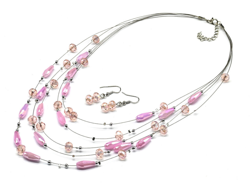 Колье и серьги 5 нитей из циркона цв.розовый, 45см