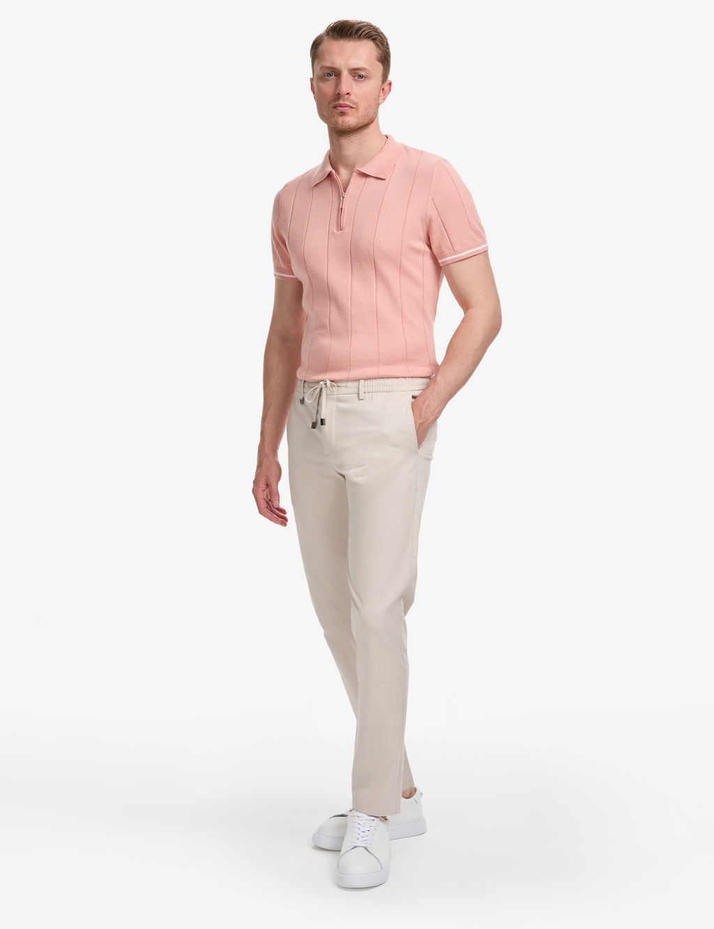 Bej Ex. Slim Fit Beli Kordonlu Pamuk Kar___ml_ Pantolon