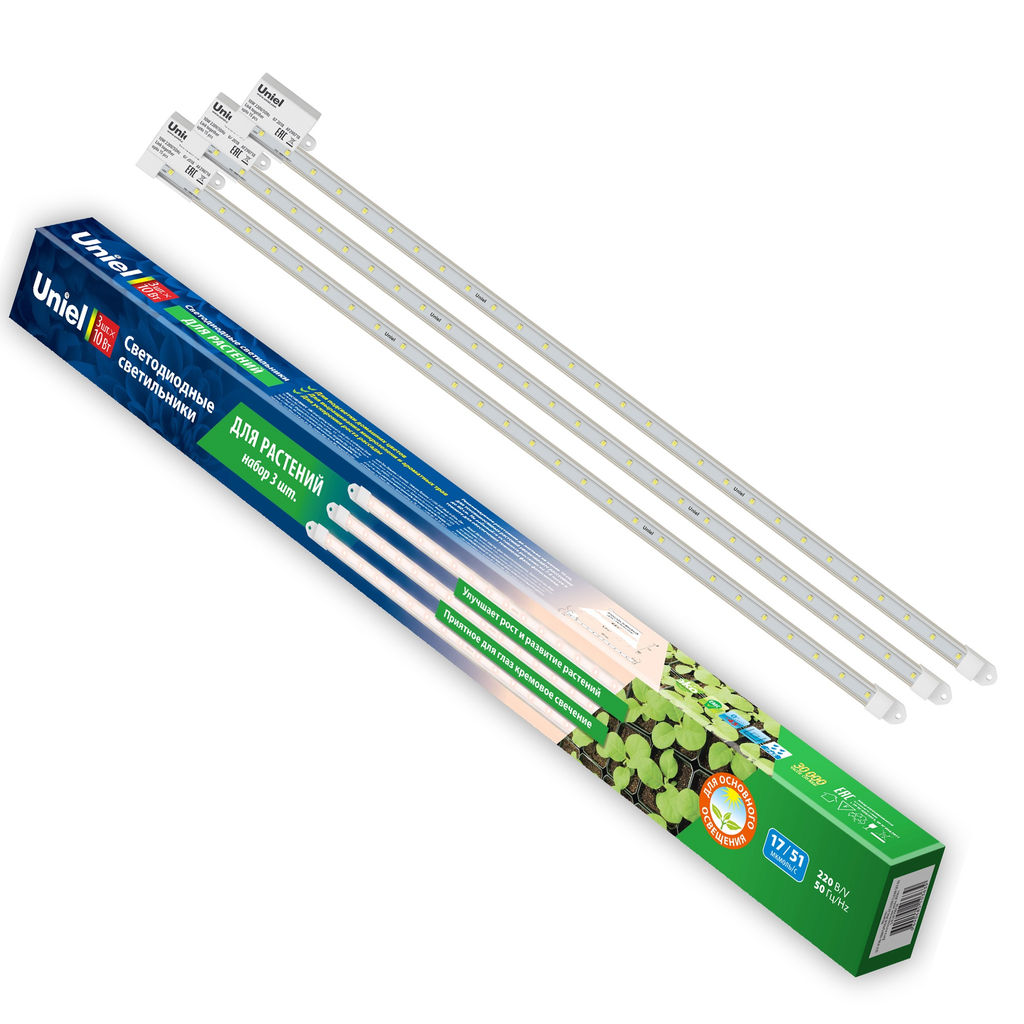 ULY-P90-10W/SPFR/K IP65 AC220V CLEAR KIT03 Светильник для растений светодиодный линейный, 600мм. Спектр для фотосинтеза. В составе набора из 3-х штук. TM Uniel