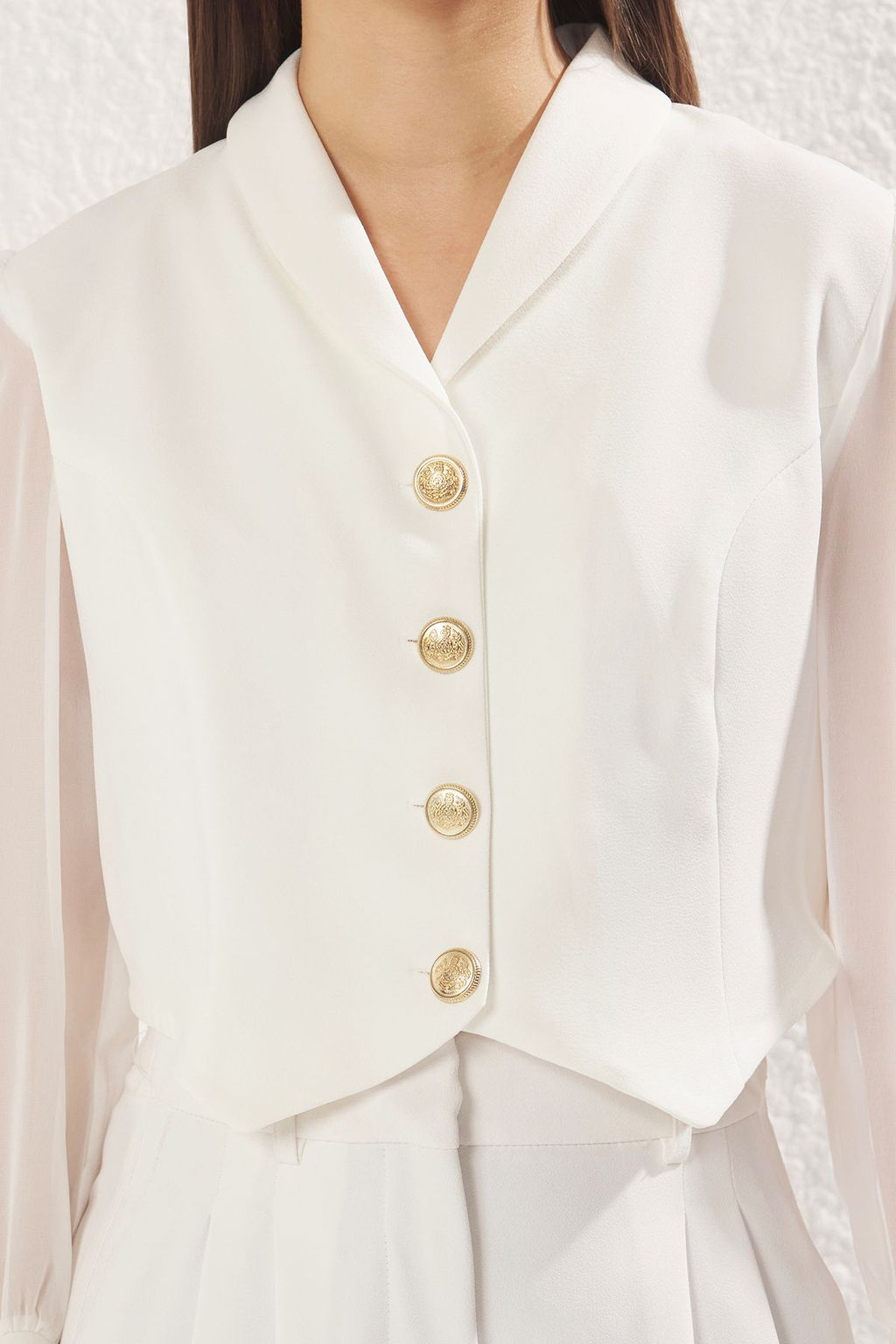 TRENDYOLMILLA Beyaz Metal Dugme Detayl? Kollar? Transparan Crop Dokuma Blazer Ceket TWOSS25BC00026  фото 3