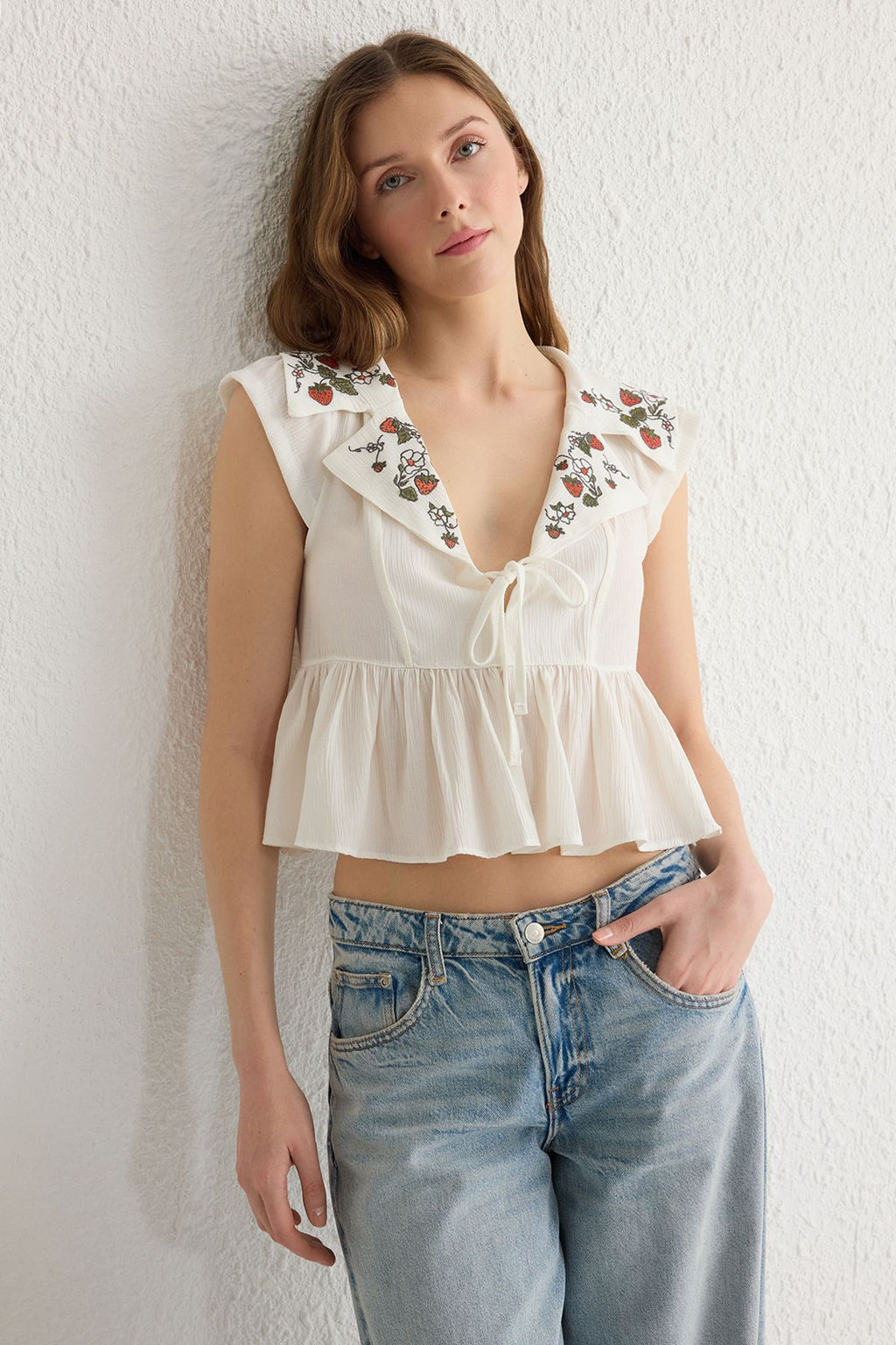 Beyaz Nak?sl? Crinkle Dokuma Kumas Dokuma Bluz TWOSS25BZ00108 - Trendyolmilla фото 2