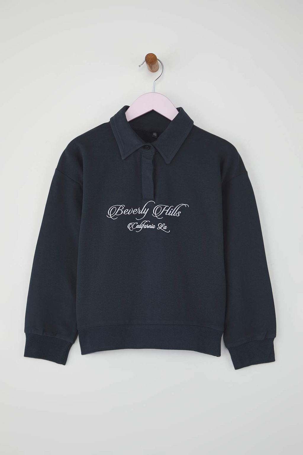 Lacivert 100% Pamuk Slogan Bask?l? Polo Yaka Oversize Orme K?z Cocuk Sweatshirt TKDAW26SW00009 - Trendyolmilla фото 2