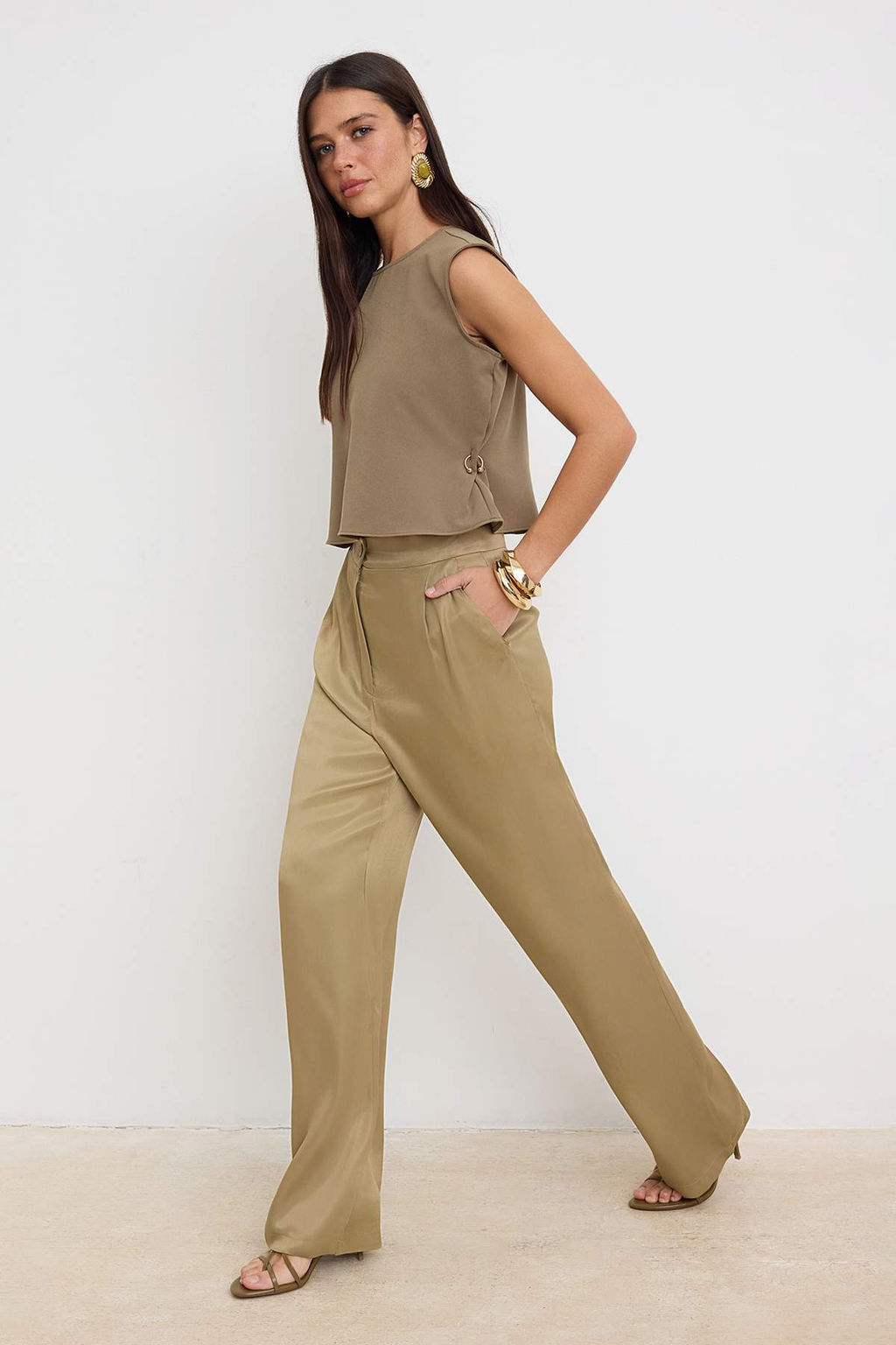 Haki Saten Wide Leg/Genis Paca Pantolon TWOSS26PL00197 - Trendyolmilla фото 2