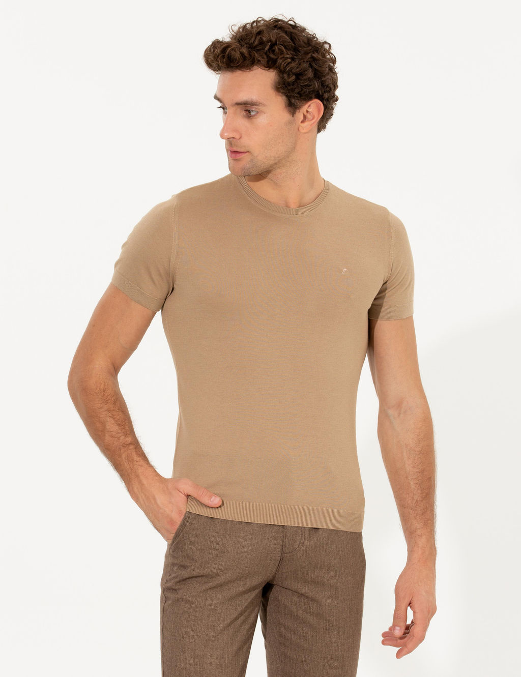 Bej Slim Fit Bisiklet Yaka Triko T-shirt