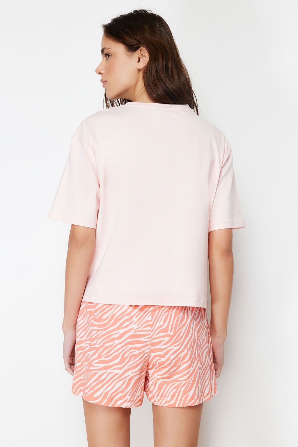 Trendyolmilla Pembe %100 Pamuklu Zebra Bask?l? Sortlu Orme Pijama Tak?m? THMSS24PT00042  фото 6