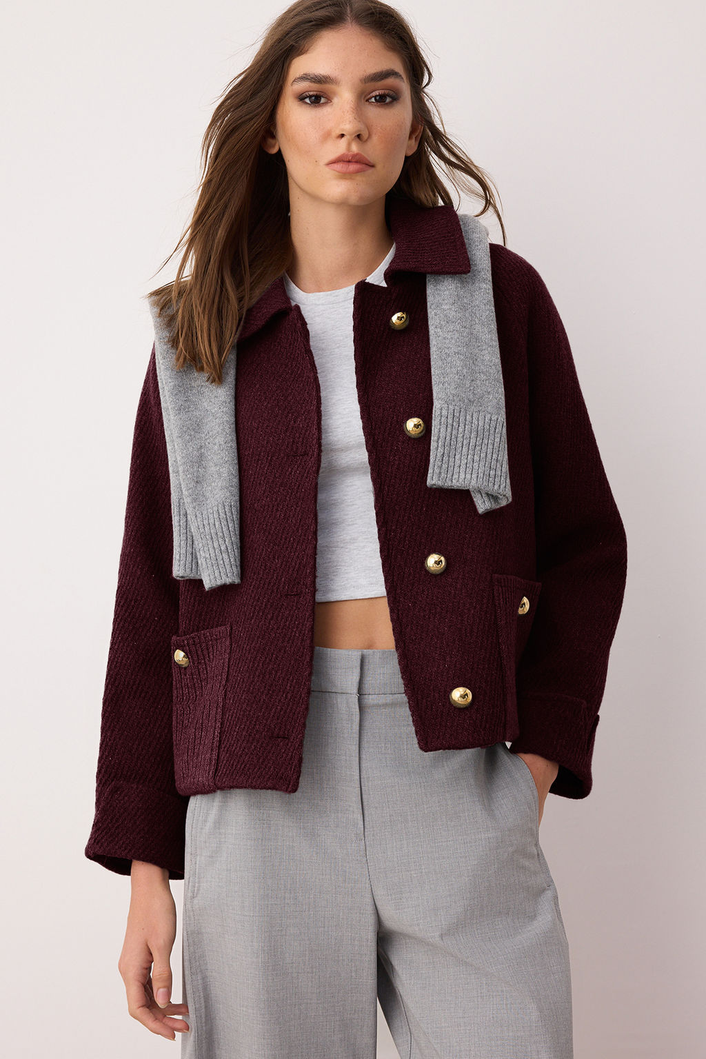 Gri Regular Kal?p Kase Triko Cep Detayl? Ince Ceket Mont TWOAW26MO00113 - Trendyolmilla фото 13