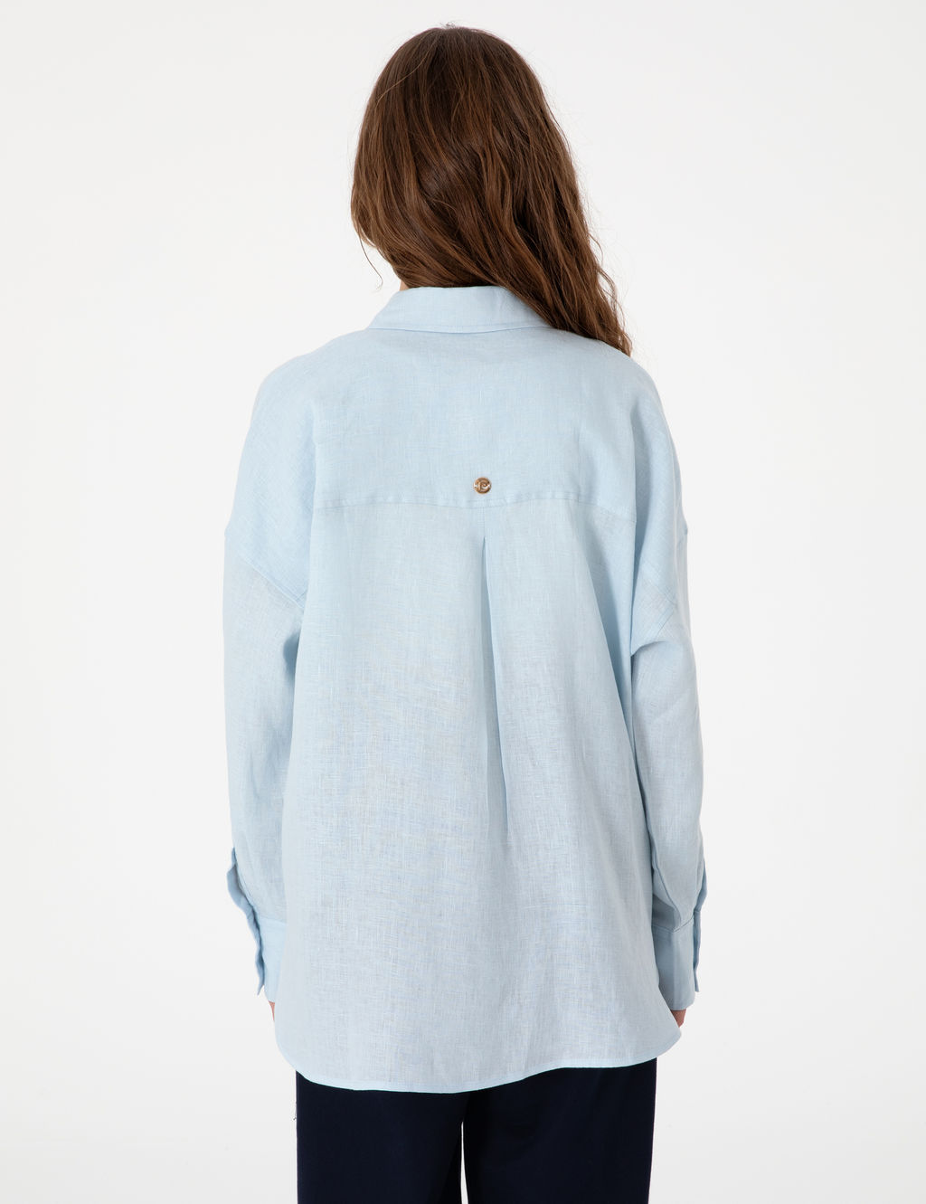 A__k Mavi Oversize Uzun Kollu %100 Keten G_mlek
