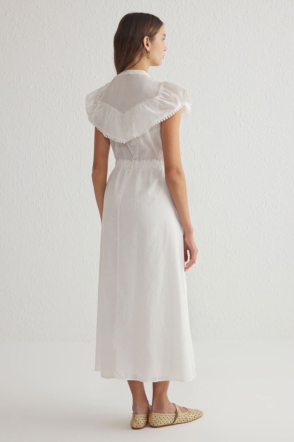 Beyaz Etegi Belden Ac?lan Nak?s Yaka Detayl? Astarl? Maxi Dokuma Elbise TWOSS25EL00180 - Trendyolmilla фото 5