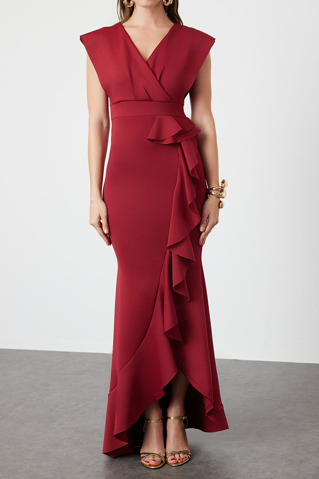 Bordo F?rf?r Detayl? Dokuma Uzun S?k Abiye Elbise TPRSS24AE00251 - Trendyolmilla фото 4