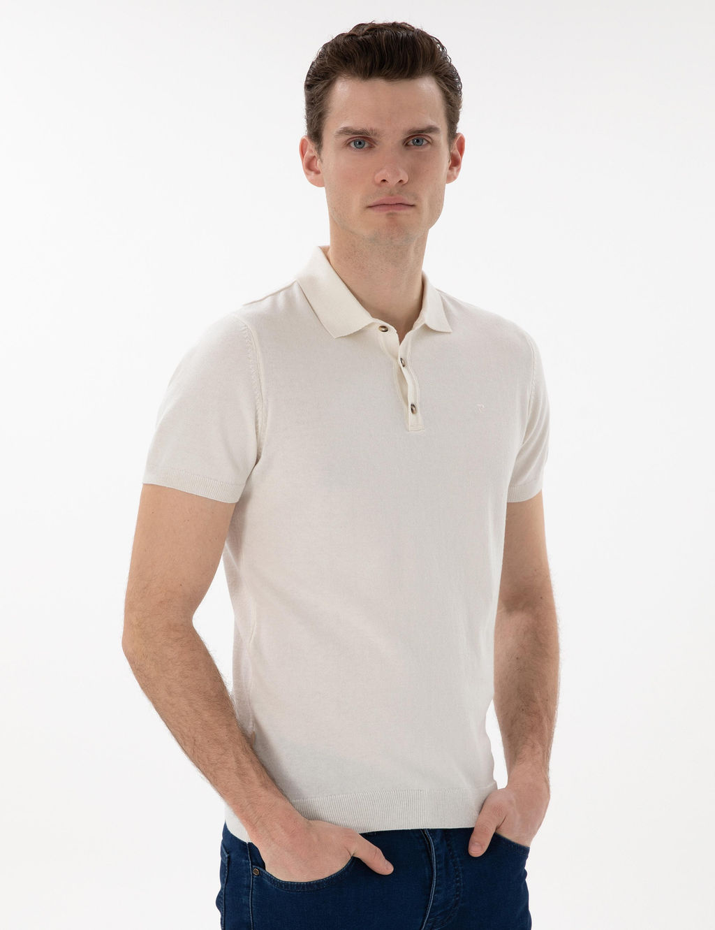 Ekru Slim Fit D__meli Polo Yaka Triko Ti__rt