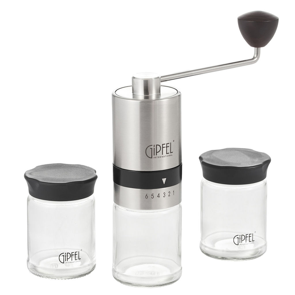 51906 GIPFEL Кофемолка ручная ESSENCE со стальными жерновами, с двумя стеклянными баночками для хранения кофе в подарочной упаковке. Материал: стекло, пластик, нержавеющая сталь 18/10.  фото 2