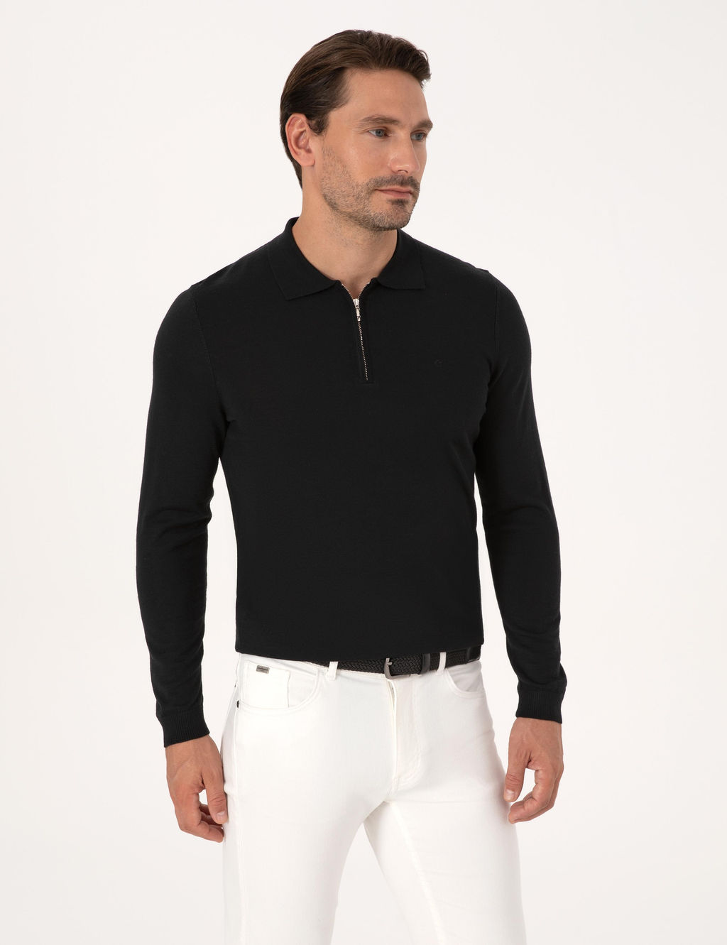 Siyah Regular Fit Y_n Kar___ml_ Fermuarl_ Polo Yaka Basic Triko Kazak - Cacharel фото 3