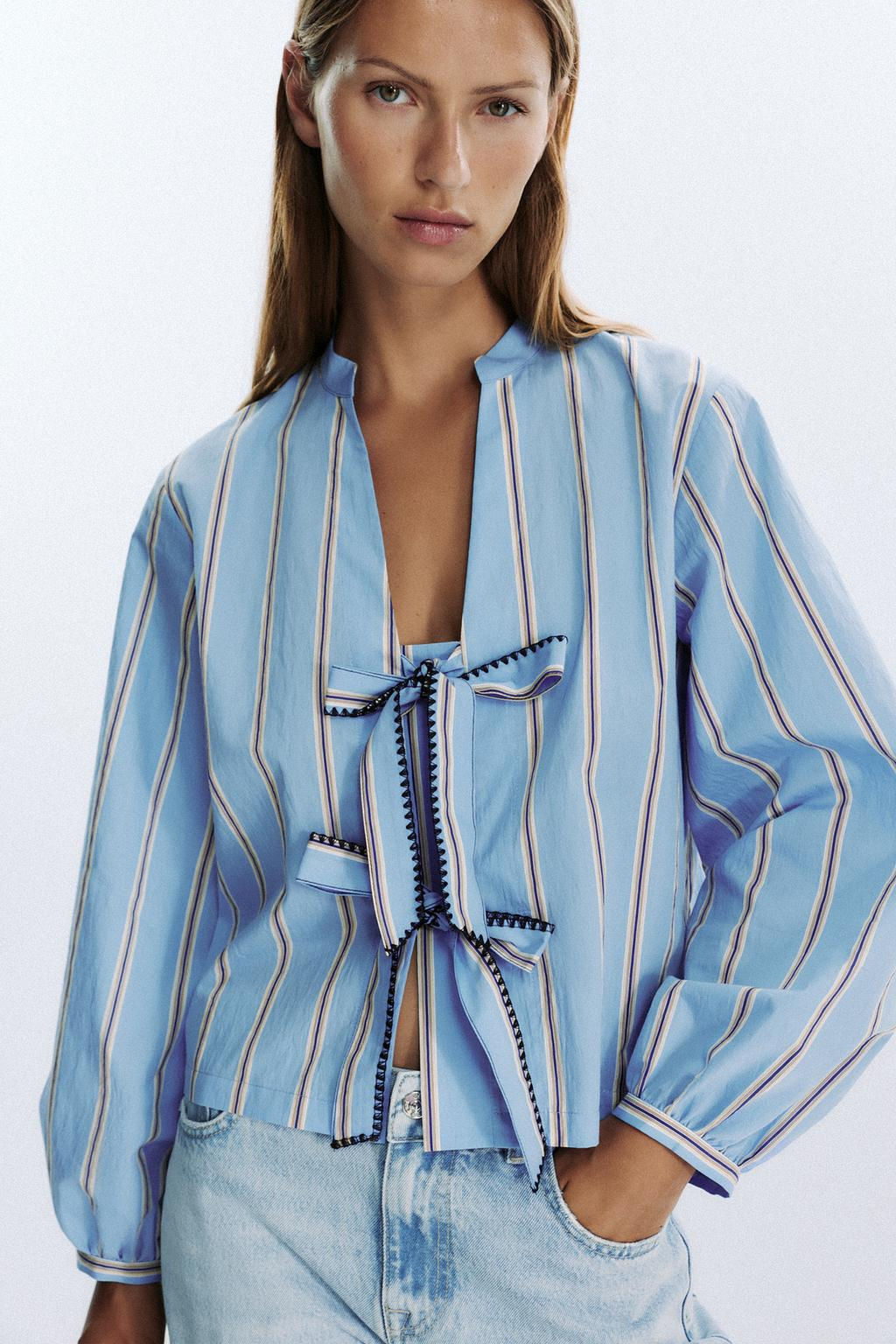 STRIPED POPLIN SHIRT WITH TIES - Zara фото 2