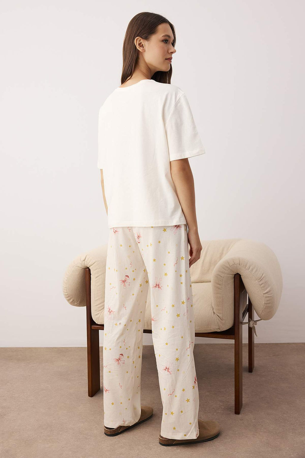 Ekru Kurdele ve Y?ld?z Bask?l? Orme Pijama Tak?m? THMAW26PT00116 - Trendyolmilla фото 4