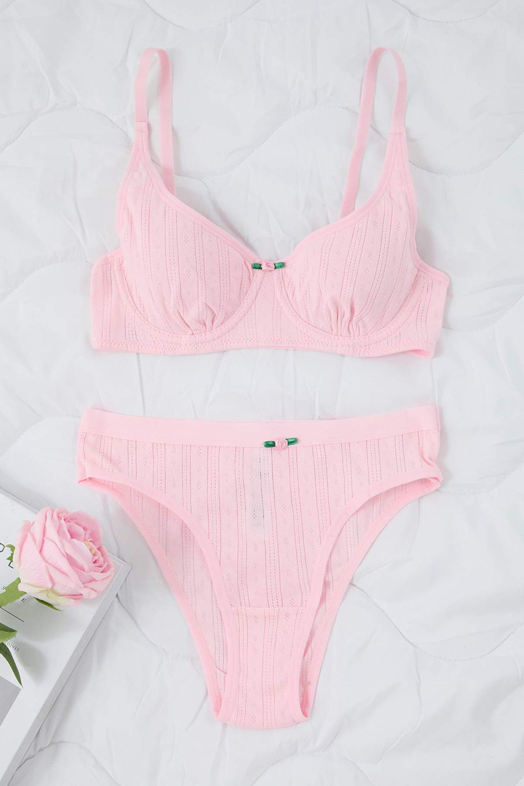 Ac?k Pembe Kaskorse Cicek Aplike Duz Kaps?z Ic Camas?r? Tak?m? THMAW26CC00003 - Trendyolmilla фото 5